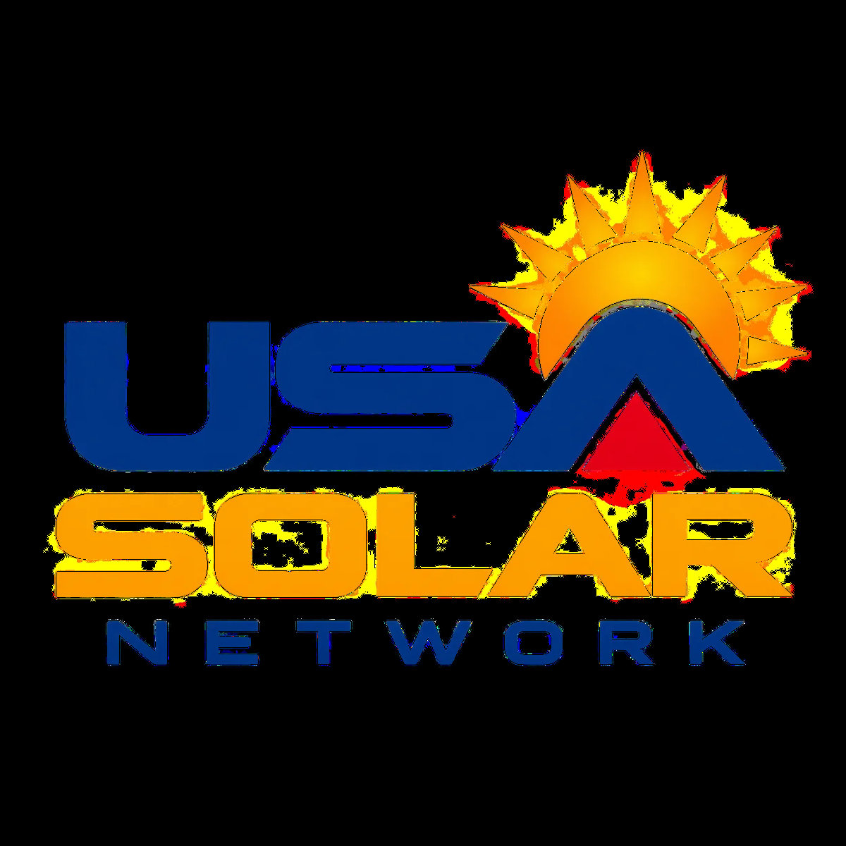 USA Solar Network logo with blue USA lettering, yellow SOLAR text, and a sun rising over a red triangle peak above the word NETWORK